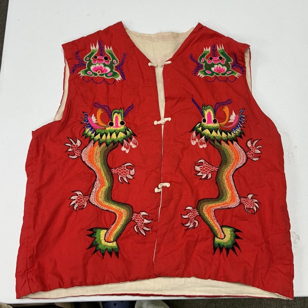 Unbranded Dragon Embroidered Vest Unisex Small Red Traditional Knot Closure